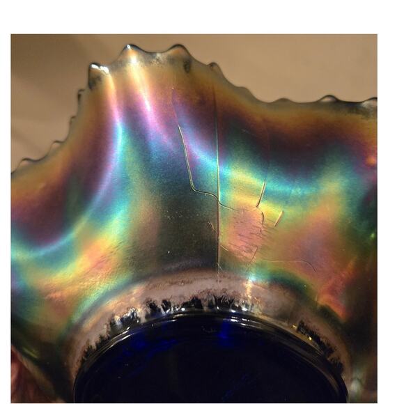 Vintage Fenton Carnival Glass Bowl Scalloped Edge Floral Pattern 10” - Picture 5 of 7